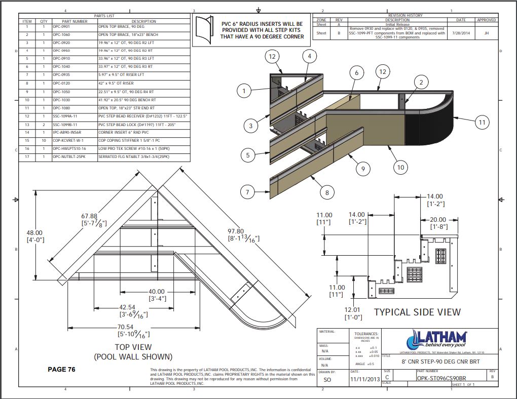 8' Corner Step Polymer 90 Deg. 3-Tread 6" Radius w/ Right Bench